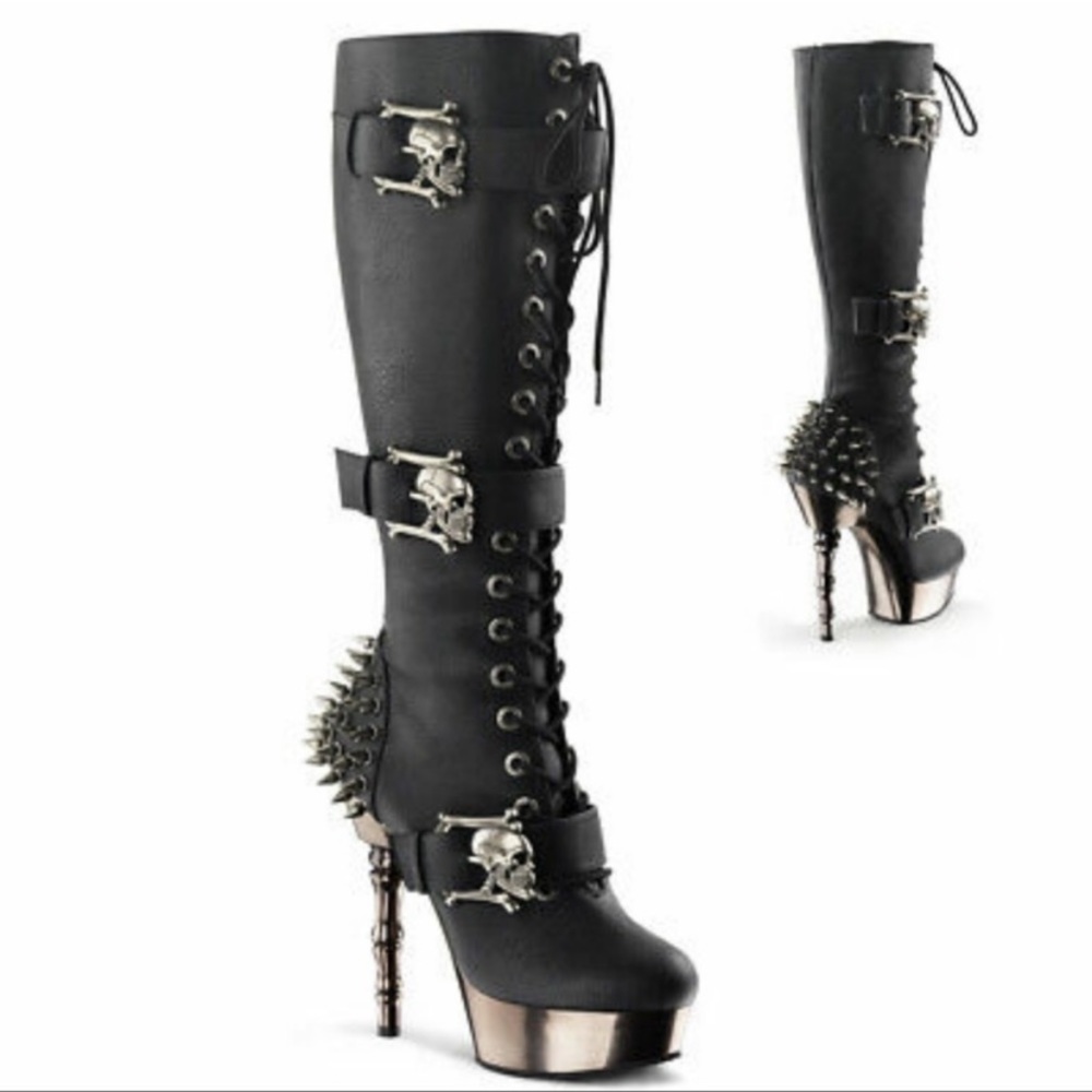 New Demonia Black Muerto Finger Bone Spike Heel Boots sz 6